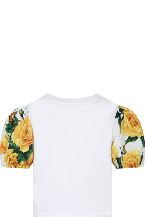 White T-shirt For Girl With Flowering Pattern