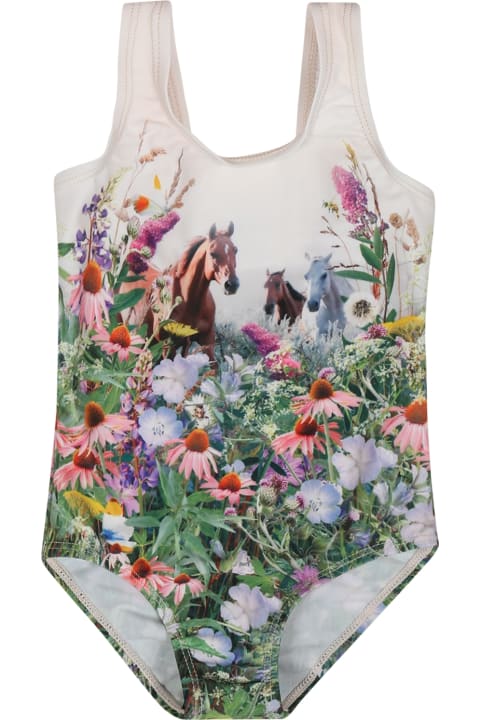 Molo Swimwear for Baby Girls Molo Ivory Swimsuit For Baby Girl With Horses And Flowers Print