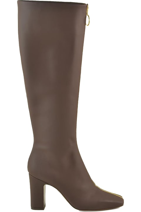 Brown Leather Gold-tone Zippered Boots