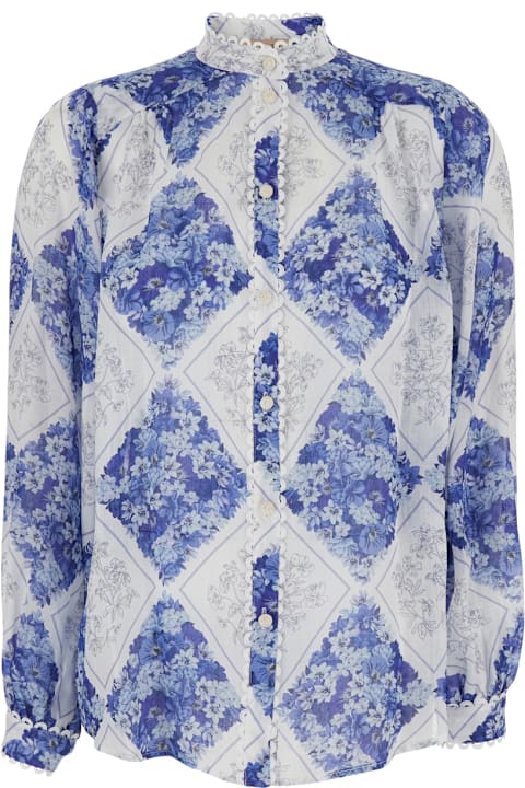 TwinSet for Kids TwinSet Blue High Neck Shirt With All-over Floral Motif In Fabric Woman