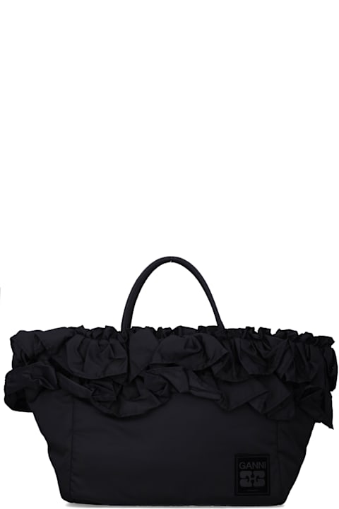 Homeware Ganni Ganni Black Nylon Ruffled Xxl Shopper Bag