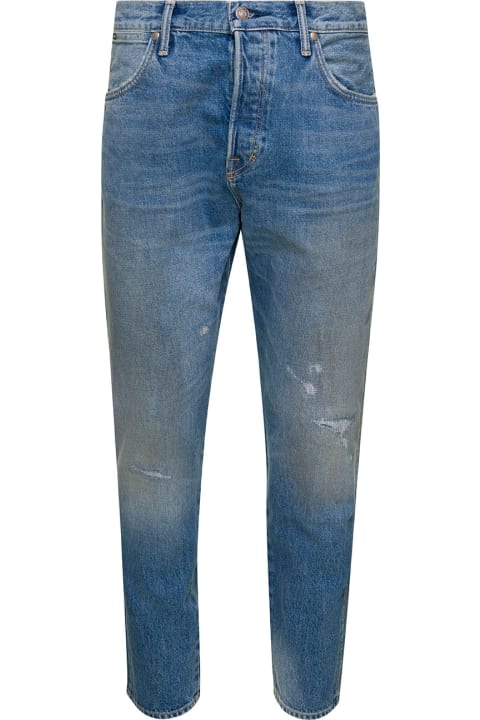 Light Blue 5-pocket Style Jeans With Rips And Logo Patch In Cotton Denim Man