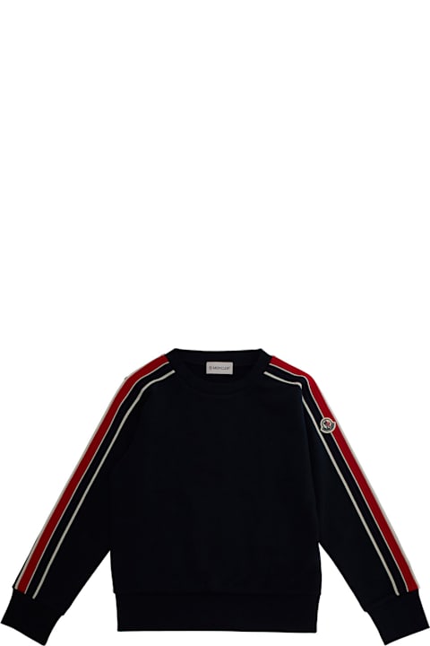 Homeware Moncler Blue Crewneck Sweatshirt With Logo Patch On The Sleeve And Striped Motif On The Sleeve In Cotton Boy