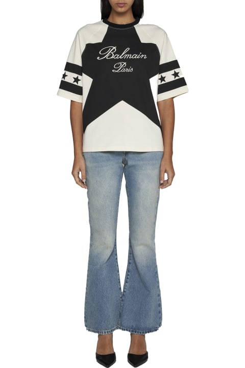Topwear for Women Balmain Cropped T-shirt With Star And Logo Prints