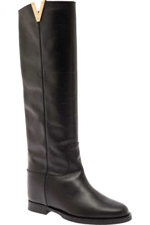 Homeware Via Roma 15 Black Leather Boots With Metal V Logo Detail Via Roma 15 Woman