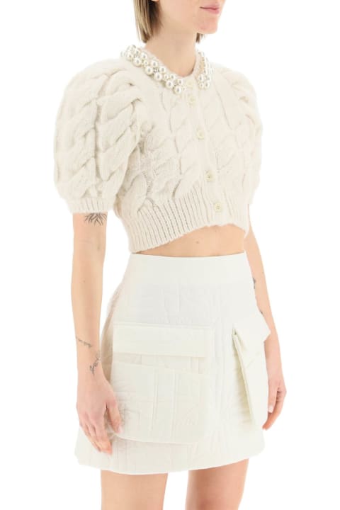 Cropped Balloon Sleeve Cardigan With Pearl Embellishments