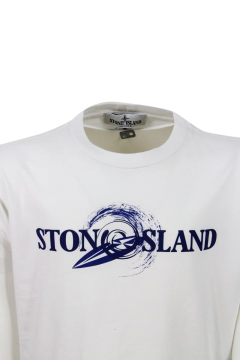 Stone Island for Kids Stone Island Crew-neck Short-sleeved Cotton T-shirt With Rubberized Logo On The Front