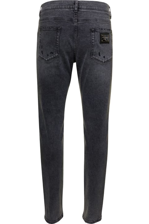 Grey Five-pockets Slim Jeans With Logo Plaque In Stretch Cotton Denim Man