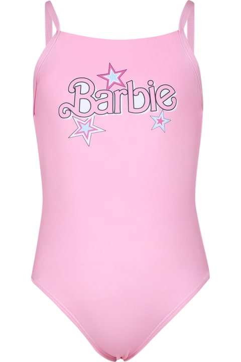 Monnalisa Swimwear for Girls Monnalisa Pink Suit For Girl With Barbie Writing