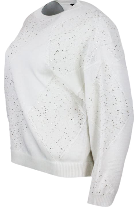 Lorena Antoniazzi for Women Lorena Antoniazzi Long-sleeved Crew-neck Sweater In Cotton Thread With Diamond Pattern Embellished With Microsequins