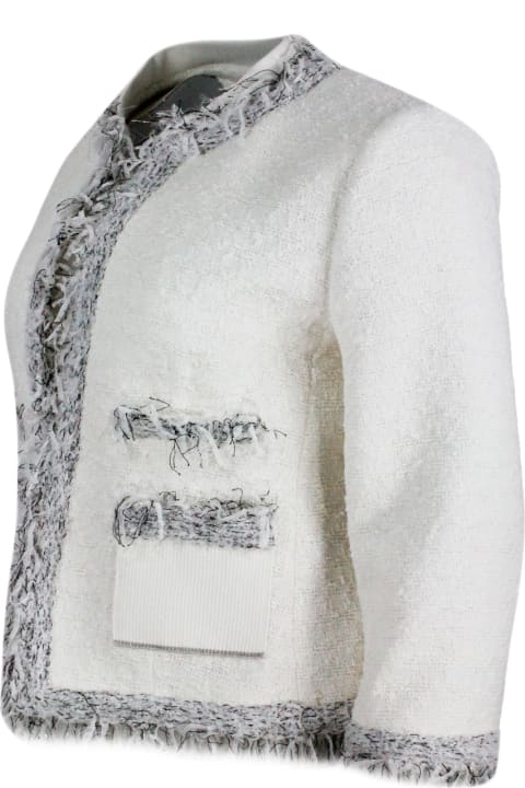 Lorena Antoniazzi Coats & Jackets for Women Lorena Antoniazzi Chanel-style Jacket With Long Sleeves And Mandarin Collar In Worked Cotton With Ribbon Applications On The Edges