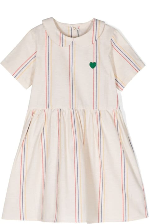 Dresses for Girls Mini Rodini White Stripe Dress With Heart Embroidery In Stretch Cotton Girl
