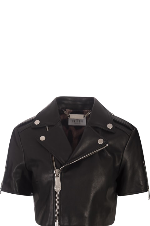 Philipp Plein for Women Philipp Plein Black Leather Cropped Biker Short Sleeve Jacket