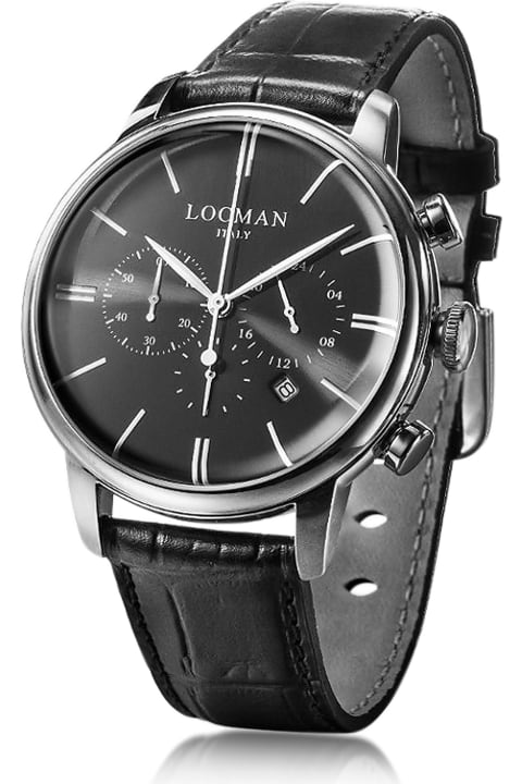 1960 Silver Stainless Steel Men's Chronograph Watch W/black Croco Embossed Leather Strap