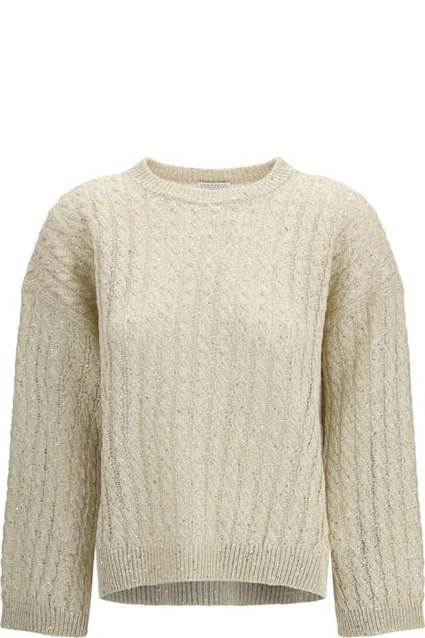 Brunello Cucinelli for Kids Brunello Cucinelli Dazzling Cable Linen Sweater With Openwork Ribbing