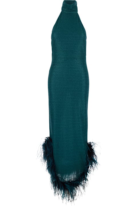 Oseree for Kids Oseree 'lumière Plumage' Blue Long Dress With Halterneck And Feathered Hem In Fabric Woman