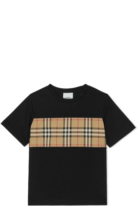 T-Shirts & Polo Shirts for Girls Burberry Black Crewneck T-shirt With Vintage Check Print In Cotton Boy