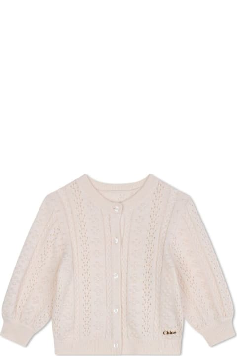 Topwear for Baby Boys Chloé White Crewneck Cardigan With Logo Lettering On The Front In Cotton And Wool Blend Baby