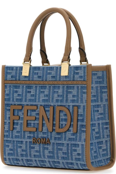 Fendi for Women Fendi Embroidered Denim Small Sunshine Shopping Bag