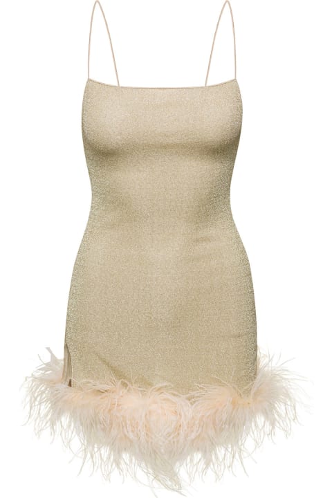 Beige Glittered Minidress With Feather Trim In Polyamide Woman