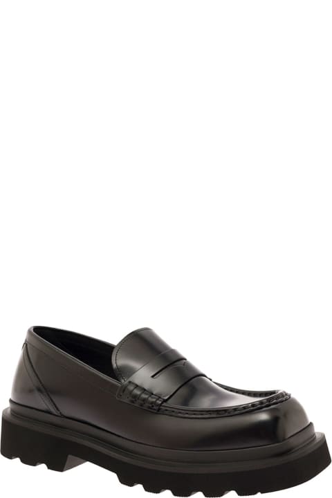 Black Squared-toe Loafers With Chunky Platform In Leather Man