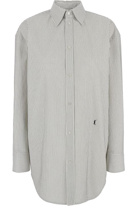 Topwear for Women Saint Laurent Grey Shirt With Cassandre Embroidery And All-over Striped Motif In Cotton Woman