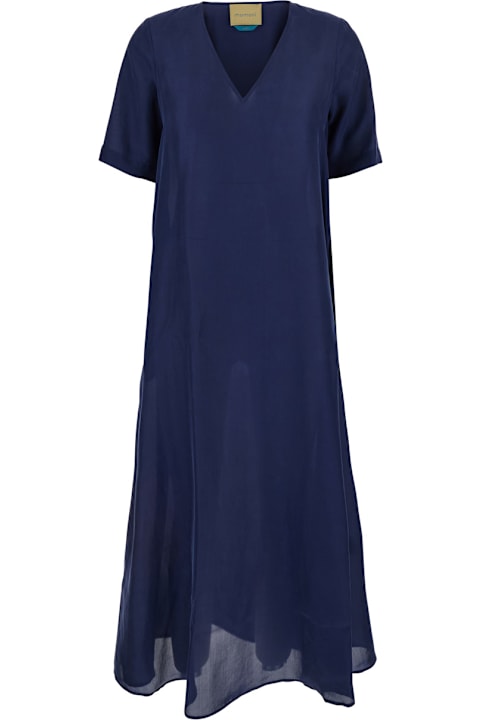 Homeware Momonì Blue Dress With V Neck And Short Sleeves In Silk Woman