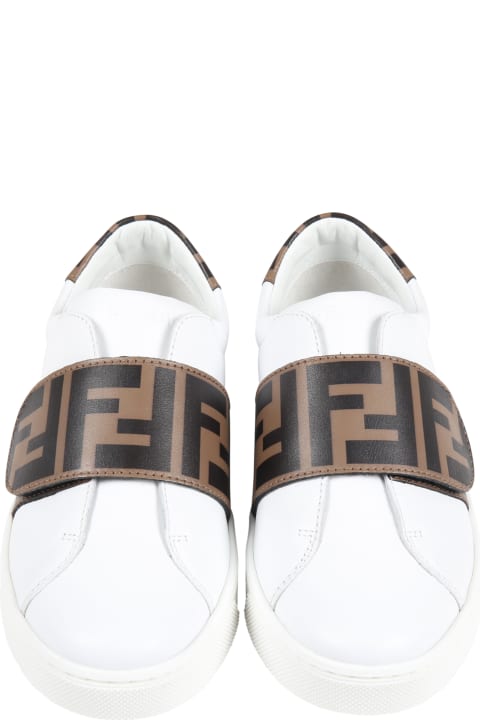 White Sneakers For Kids With Iconic Brown Pattern