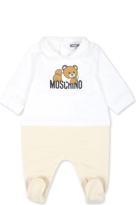 Moschino أطقم وبودي سوت لـ رُضع بنات Moschino White And Beige Playsuit With Moschino Teddy Bear Print