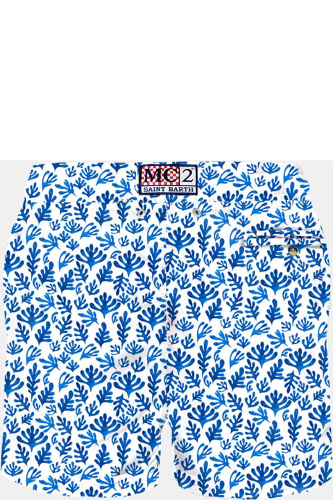 Fashion for Men MC2 Saint Barth Man Light Fabric Swim Shorts With Blue Leaves Print