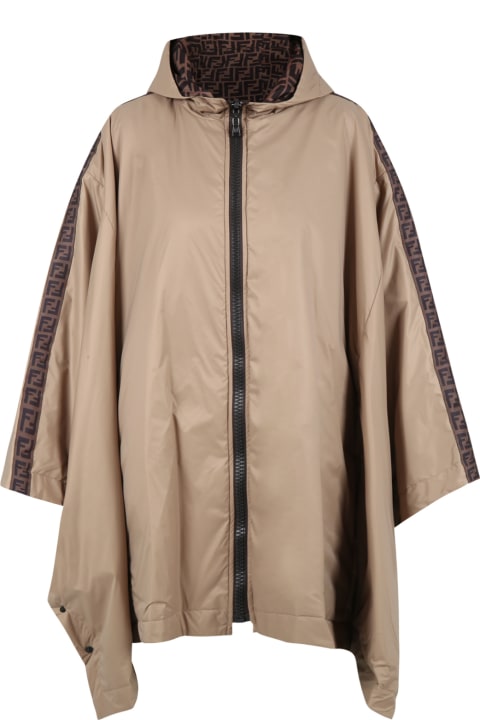 Reversible Poncho Beige For Kids With Iconic Ff