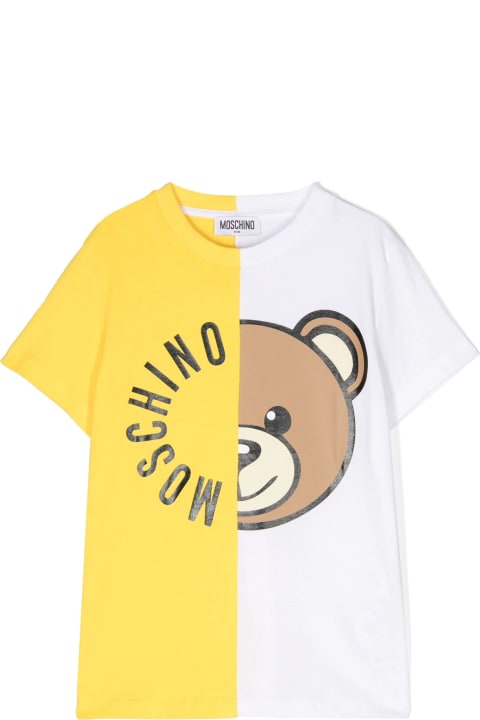 Moschino Topwear for Boys Moschino White And Yellow T-shirt With Moschino Teddy Bear Circular Print