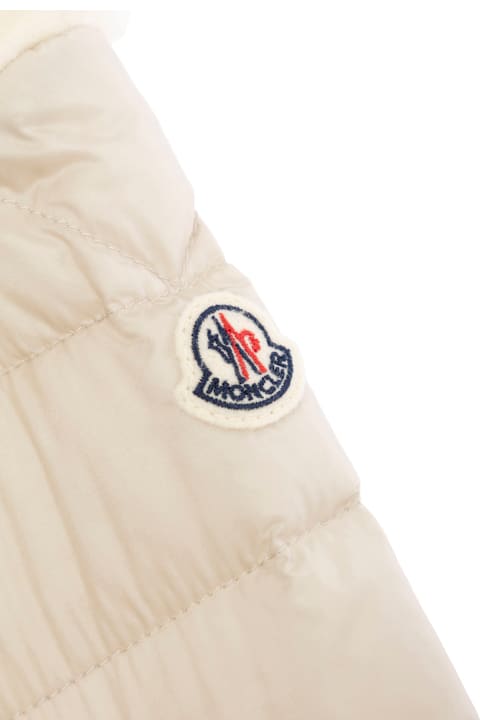 Topwear for Baby Boys Moncler 'dofi' Beige Down Jacket With Hood And Logo Patch On The Sleeve In Tech Fabric Baby