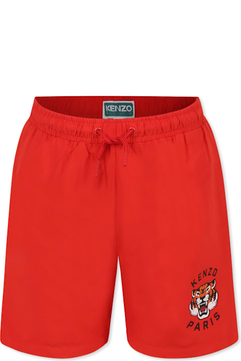 Homeware Kenzo Kids Red Swim Shorts For Boy With Lucky Tiger
