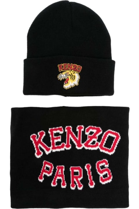 Jumpsuits for Boys Kenzo Kids Blue Beanie And Scarf Set With Logo In Cotton Boy