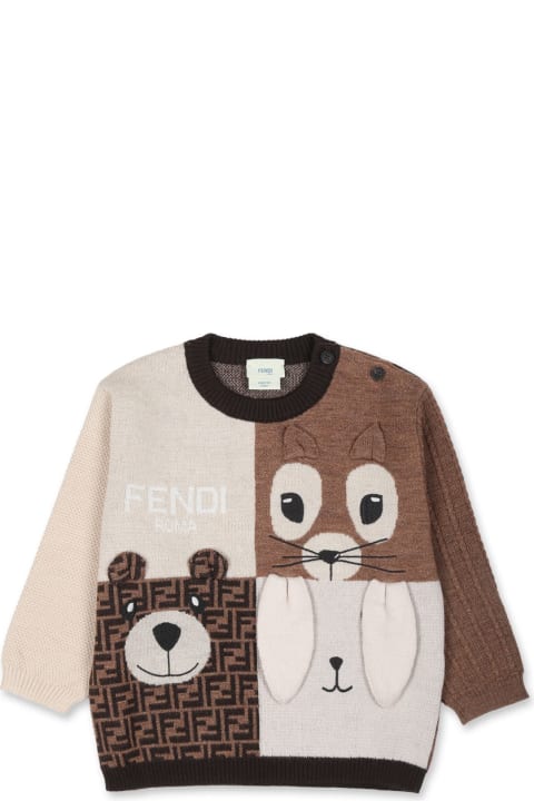 Fendi سترات وبلوزات ثقيلة لـ رُضع بنات Fendi Brown Sweater For Baby Boy With Fendi Logo And Norwegian Pattern