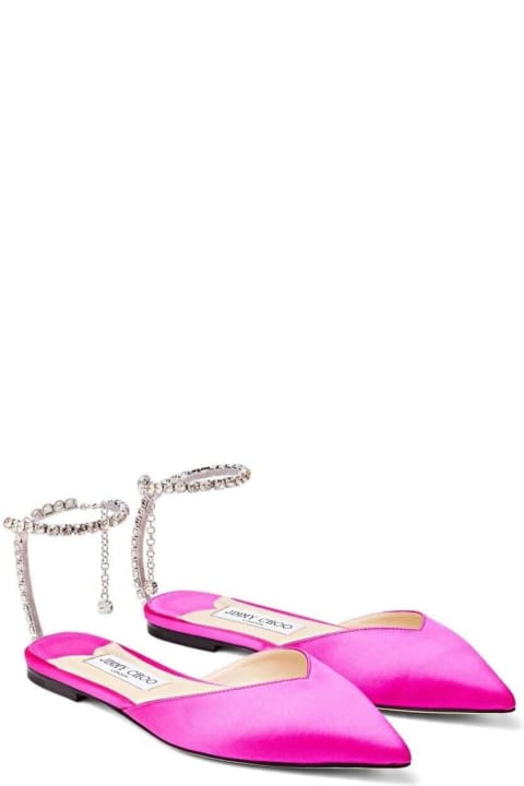 ウィメンズ Jimmy Chooのフラットシューズ Jimmy Choo Fuchsia Pink Ballerina Flat Shoes With Crystal Embellishment In Satin Woman