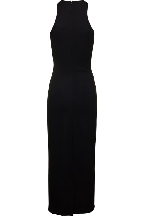 Black Long Dress With Iridiscent Flower And Back Slit In Viscose Blend Woman