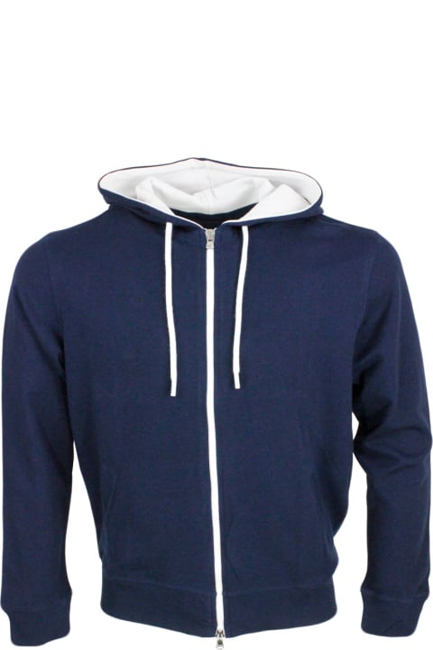 Sweaters for Men Barba Napoli Lightweight Stretch Cotton Sweatshirt With Hood With Contrasting Color Interior And Zip Closure