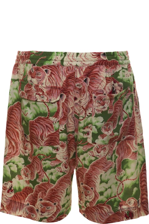 Multicolor Drawstring Shorts With All-over Tiger Print In Viscose Blend Man