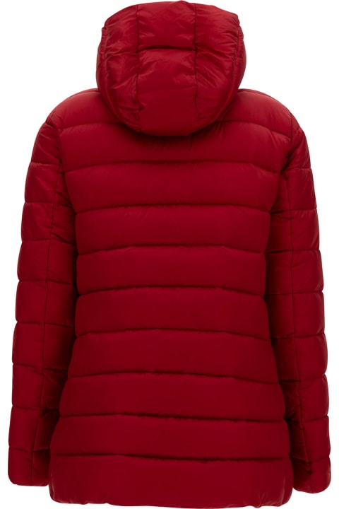 Save the Duck for Women Save the Duck 'drimia' Long Red Down Jacket With Tonal Logo Patch In Shiny Leather Woman