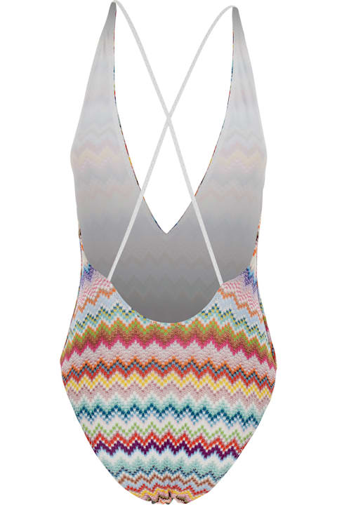 Homeware Missoni Multicolor One-piece Swimsuit With V-neck And All-over Zig-zag Motif In Stretch Viscose Blend Woman