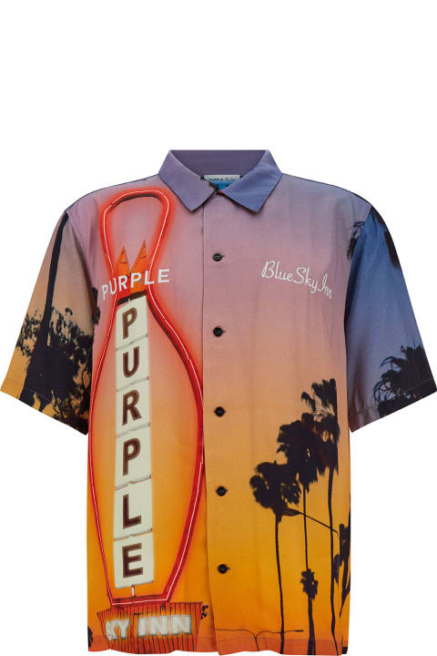 メンズ Purple Brandのシャツ Purple Brand Multicolor Bowling Shirt With Blue Sky Inn Print In Viscose Man