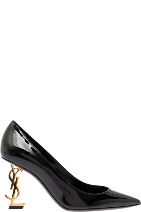 Saint Laurent Shoes for Women Saint Laurent 'opyum' Black Pumps With Mid Logo Heel In Patent Leather Woman