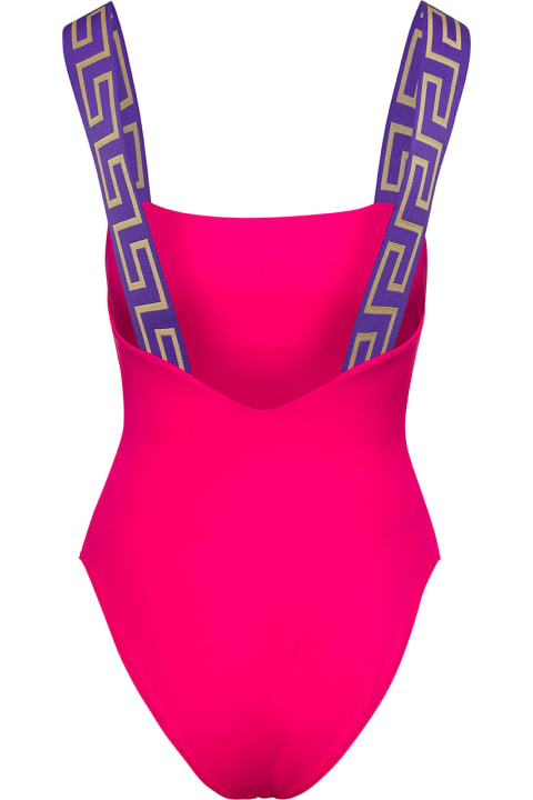 Fucsia One-piece Swimsuit Straps With Greca Motif In Polyammide Woman