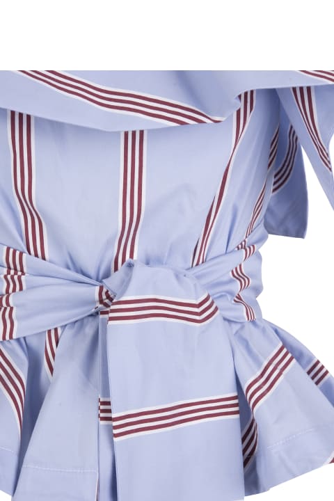 Light Blue One Shoulder Top With Ruffles And Striped Motif