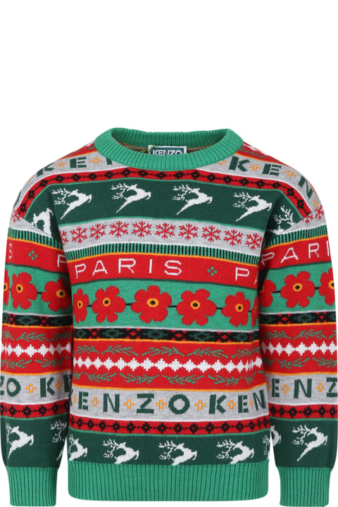 ウィメンズ新着アイテム Kenzo Kids Green Sweater For Kids With Jacquard Pattern