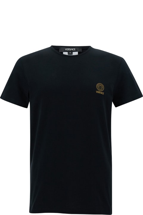 メンズ Versaceのトップス Versace Black Crewneck T-shirt With Medusa Logo Print In Stretch Cotton Man