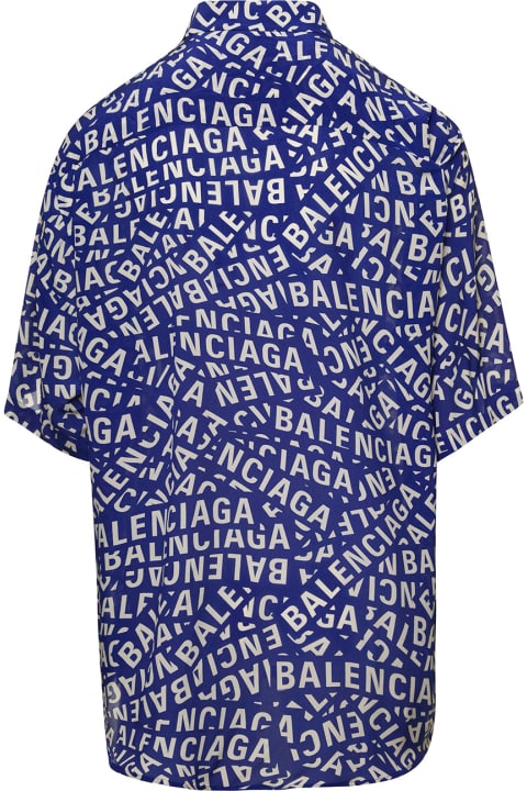 Oversized Blue Shirt With All-over Logo Lettering Print In Silk Man
