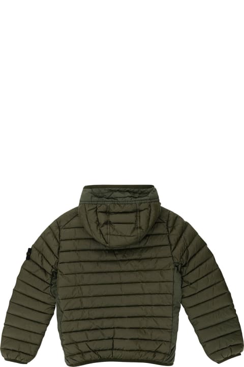 Topwear for Boys Stone Island Junior Green Down Jacket With Hood And Logo Patch In Polyamide Boy